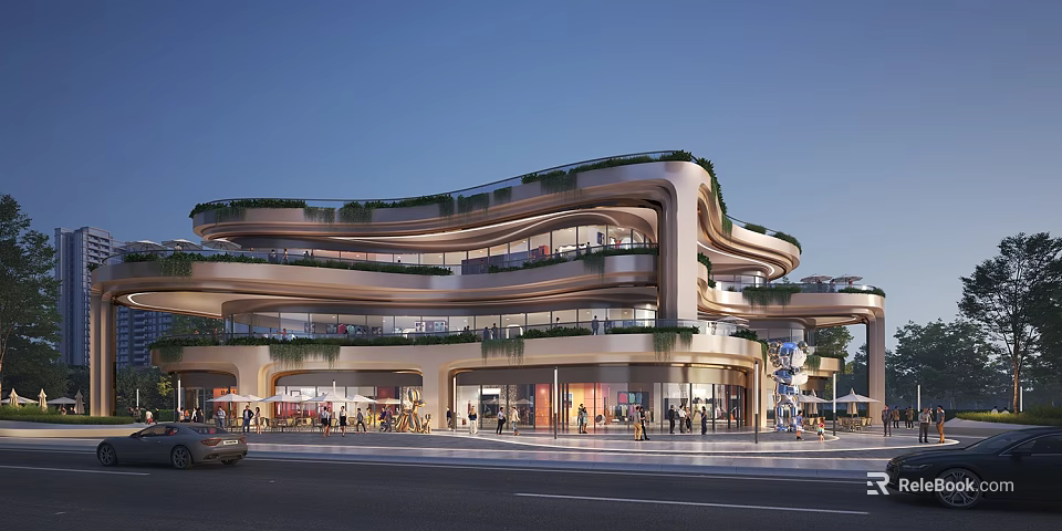 Modern Curved Commercial Complex With Greenery Covered Terraces Glass Facades And Pedestrian Activity 3d model 
