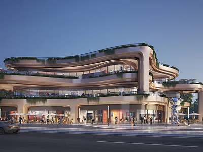 Modern Curved Commercial Complex With Greenery Covered Terraces Glass Facades And Pedestrian Activity 3d model