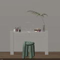 White Dressing Table with Round Mirror Makeup Brushes Cosmetics and Green Stool Palm Leaf Decor 3d model