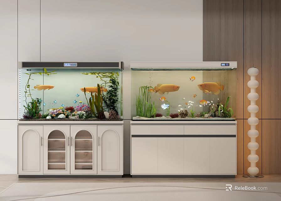 Modern Aquarium Setup With Two Fish Tanks White Cabinets Yellow Fish Aquatic Plants And Decorations 3d model 