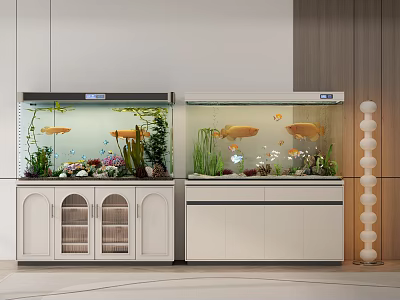 Modern Aquarium Setup With Two Fish Tanks White Cabinets Yellow Fish Aquatic Plants And Decorations 3d model