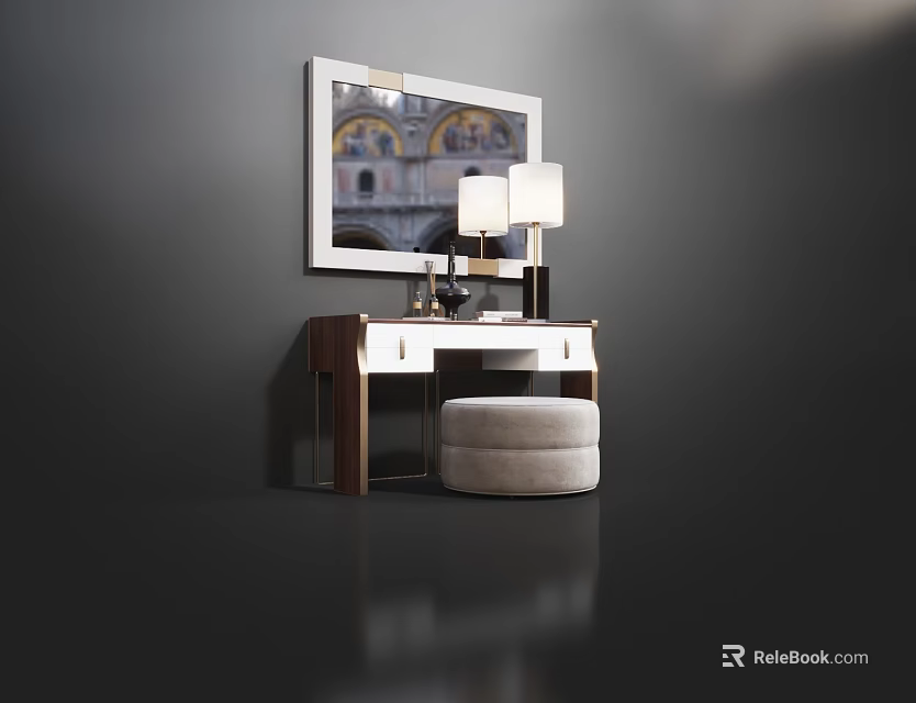 Elegant Modern Dressing Table With Decorative Mirror Table Lamp And Soft Stool 3d model 