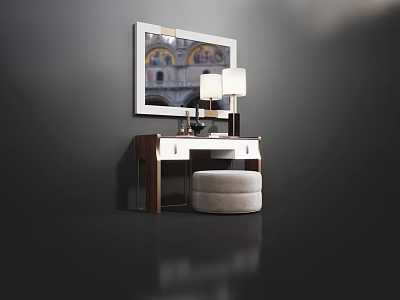 Elegant Modern Dressing Table With Decorative Mirror Table Lamp And Soft Stool 3d model