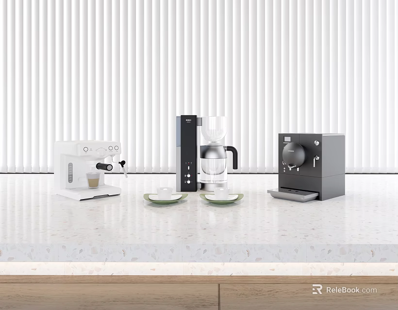 Modern Kitchen Appliances Including Espresso Machine Drip Coffee Maker On White Countertop 3d model