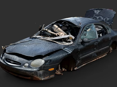 Damaged Car With Open Hood Scratched Body And Cluttered Interior 3d model