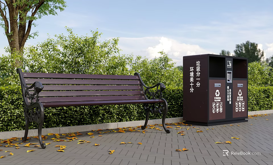 Commercial Outdoor Waste Sorting Equipment Next To Wooden Bench With Green Plants And Fallen Leaves 3d model 