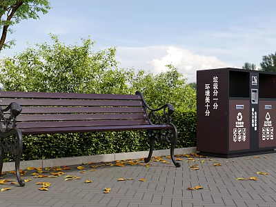 Commercial Outdoor Waste Sorting Equipment Next To Wooden Bench With Green Plants And Fallen Leaves 3d model