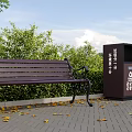 Commercial Outdoor Waste Sorting Equipment Next To Wooden Bench With Green Plants And Fallen Leaves