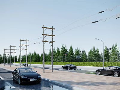 Urban Road Infrastructure With Black Cars Telephone Poles Street Lamps And Green Trees 3d model