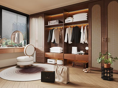 Luxury Walk in Closet Featuring Wooden Cabinets Hanging Clothes Folded Garments And Dressing Table 3d model