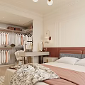 Modern Luxury Bedroom Interior with White Walls Red Headboard Wardrobe Dressing Table Chandelier and Rug