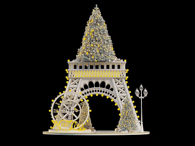 Festive Eiffel Tower Shaped Decoration With Silver Yellow Ornaments Ferris Wheel And Street Lamp 3d model