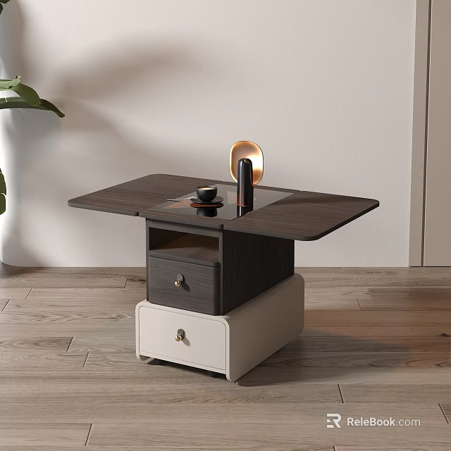 Modern Side Table With Dark Wood Top Drawer Light Base And Metal Handles 3d model 