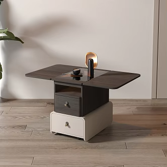 Italian Minimalist Light Luxury Side Table Coffee Table Corner Table Champagne Grey Handle Green Planting Wood Floor Coffee Cup Book Folding Smoked Wood Tea Glass 3d model