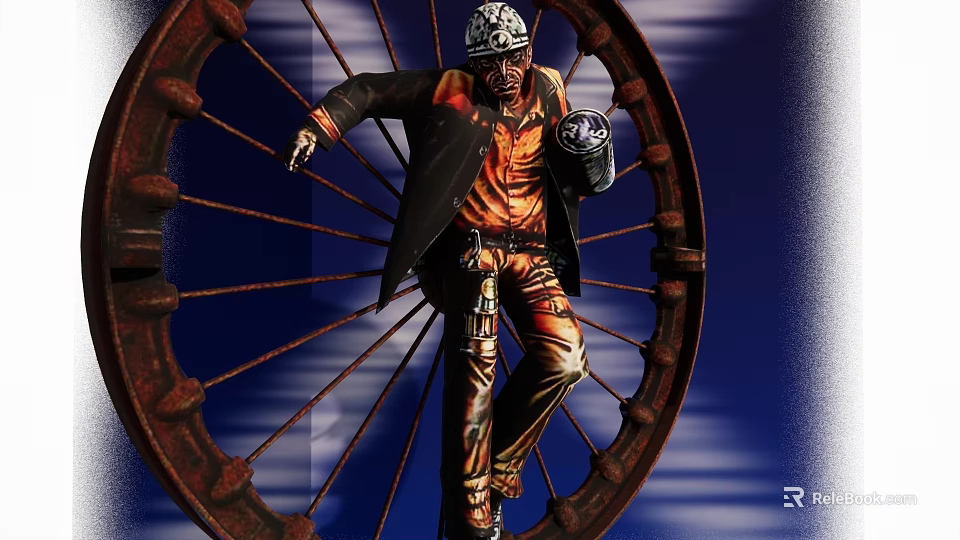 Man Wearing Hard Hat and Work Clothes Near Large Rusted Iron Wheel with Blue Background 3d model 