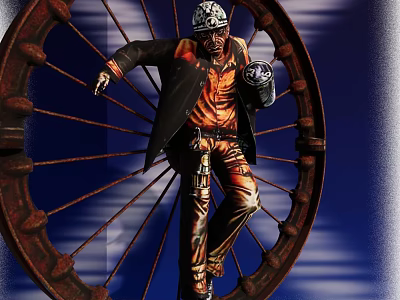 Man Wearing Hard Hat and Work Clothes Near Large Rusted Iron Wheel with Blue Background 3d model