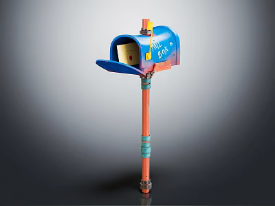 Blue Mailbox With MAIL Label Orange Pole And Paper Sticking Out 3d model