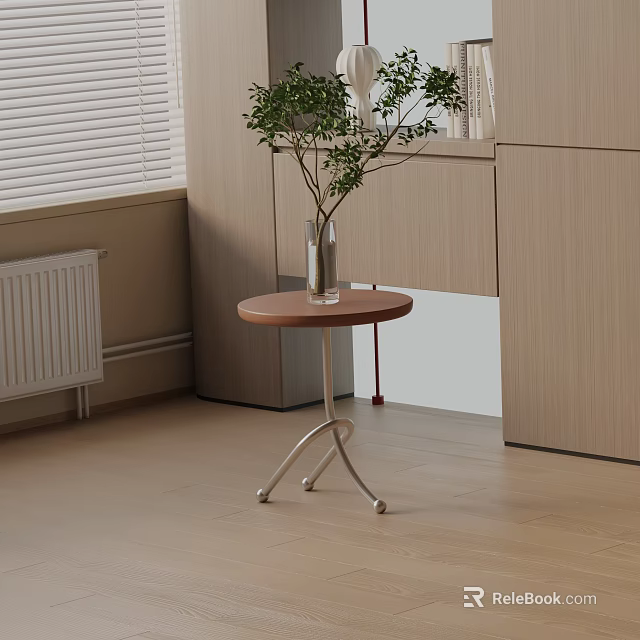 Modern Round Wooden Top Bedside Table With Metal Frame And Plant Vase In Bedroom 3d model 