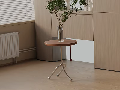 Modern Round Wooden Top Bedside Table With Metal Frame And Plant Vase In Bedroom 3d model