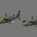Two Green Military Helicopters With Yellow Cockpit Rotors Weapons And 3D Rendering