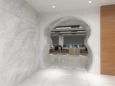 Modern Public Office Space With Marble Walls Arched Doorway And Bright Workstations 3d model