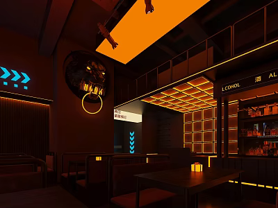 Modern Bar Interior With Neon Lights Cozy Seating Wooden Shelves And Warm Ambience 3d model
