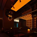 Modern Bar Interior With Neon Lights Cozy Seating Wooden Shelves And Warm Ambience