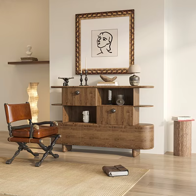 Modern Wooden Storage Sideboard With Drawers Shelves And Decorative Items In Living Room 3d model