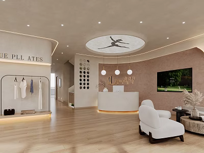 Modern Yoga Studio Reception Area with White Sofa Wooden Flooring Pendant Lights TV Clothing Rack 3d model