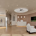 Modern Yoga Studio Reception Area with White Sofa Wooden Flooring Pendant Lights TV Clothing Rack