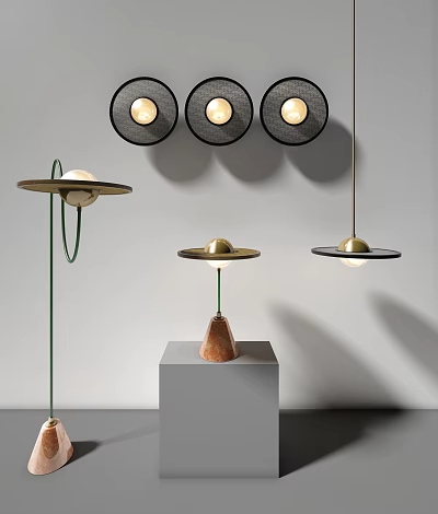 Modern Lighting Combination Featuring Circular Pendant Lamps Floor Lamp And Table Lamp 3d model