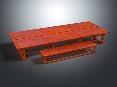Long Red Solid Wood Table and Bench Set with Traditional Design 3d model