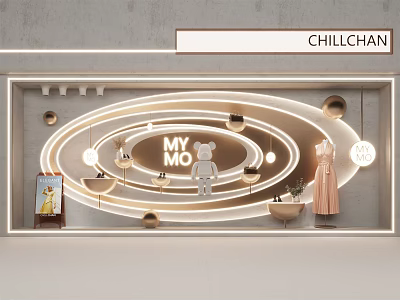 Chillchan Window Display Featuring Circular Neon Lights MY MO Signage Cartoon Figure And Dress Mannequin 3d model