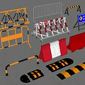 Various Traffic Barriers Including Yellow Metal Fences Red Roadblocks and Blue Signs