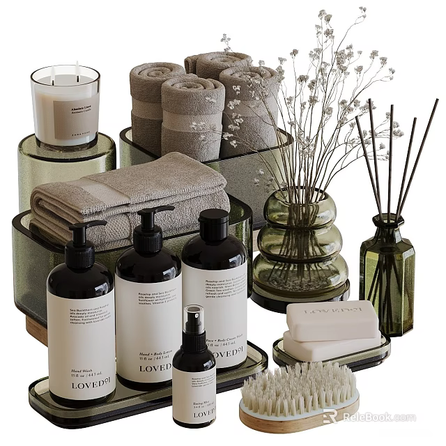 Daily Washing Essentials With Soft Towels Soap Bars Liquid Soap Bottles And Reed Diffusers 3d model