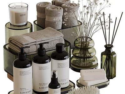 Daily Washing Essentials With Soft Towels Soap Bars Liquid Soap Bottles And Reed Diffusers 3d model