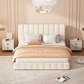 Upholstered Double Bed with Tufted Headboard Beige Comforter Pillows Nightstands Floor Lamp Round Wall Art