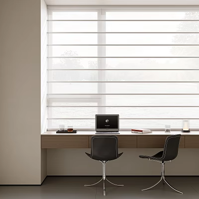 Roman Blinds In Bright Window Workspace With Laptop Desk And Chairs 3d model