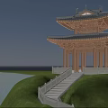 Traditional Chinese Pavilion By Lake With Hills Trees Flying Birds And People Walking