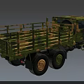 Camouflage Military Utility Truck with Open Flatbed Cargo Bed and Multiple Off-Road Wheels Design