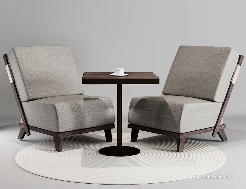 Gray Fabric Chairs And Dark Wooden Table Set With White Cup On White Circular Rug 3d model 