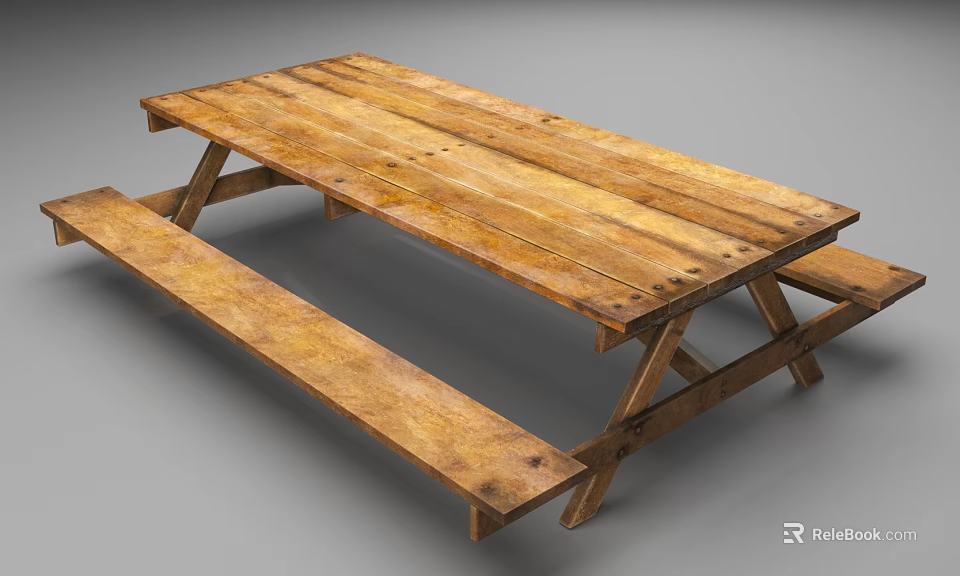 Rustic Natural Wooden Picnic Table With Attached Benches For Outdoor Use 3d model 