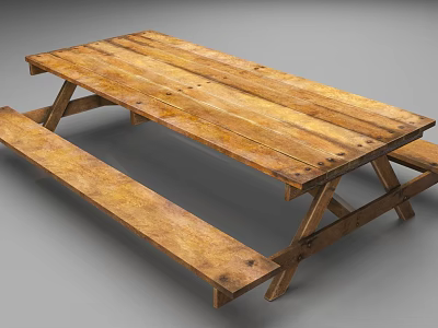 Rustic Natural Wooden Picnic Table With Attached Benches For Outdoor Use 3d model