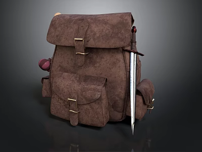 Brown Leather Backpack With Multiple Pockets Metal Buckles And Side Tool Insert 3d model