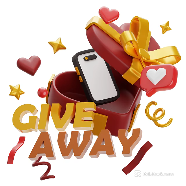 Decorative Ornament Set With Red Gift Box Gold Ribbon Hearts Stars And Phone 3d model 