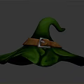 Green Witch Hat With Orange Band Silver Buckle And Leaf Shaped Brim