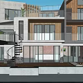 Modern Detached Villa With Large Glass Windows Balconies Wooden Deck And Swimming Pool