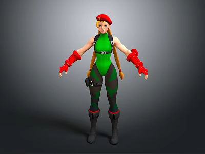 Blonde Pigtailed Female Character In Green Bodysuit With Red Beret Gloves And Boots 3d model