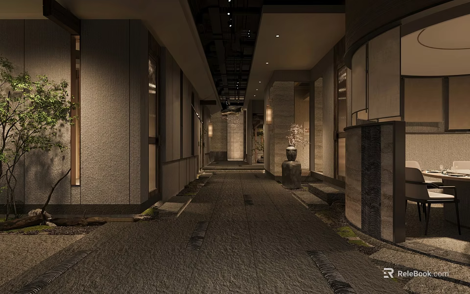 Elegant Modern Hotel Corridor With Stone Walls Textured Floor Ceiling Lighting And Green Plant 3d model 
