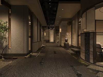 Elegant Modern Hotel Corridor With Stone Walls Textured Floor Ceiling Lighting And Green Plant 3d model